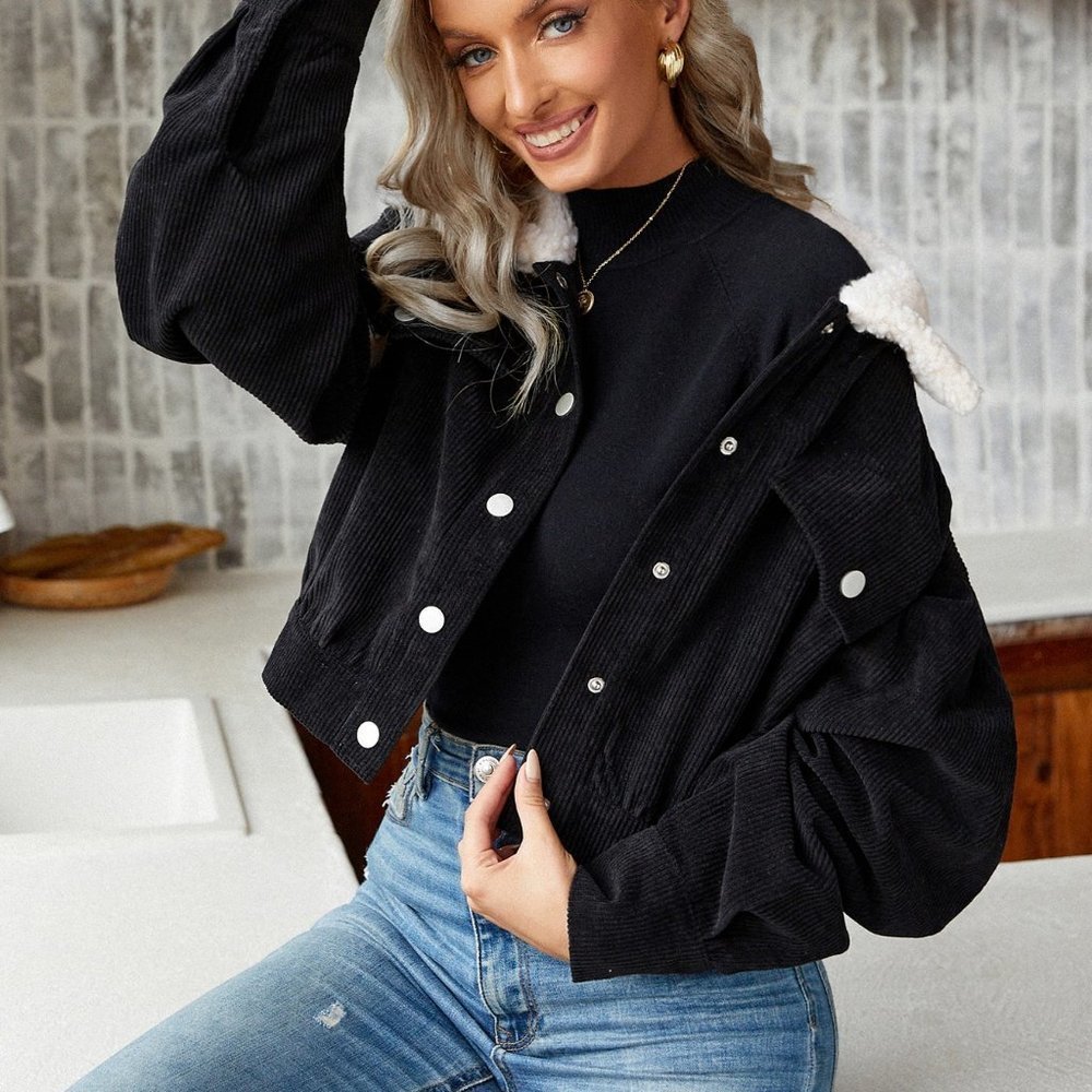 Black Casual Womens Borg Collar Drop Shoulder Corduroy Jacket - Picture 5 of 5